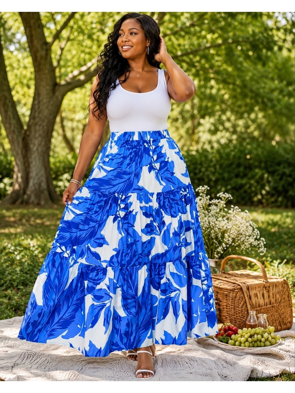 Ashley Stewart Womens 10/12 Blue White Floral 100% Cotton Maxi Skirt Tiered Boho